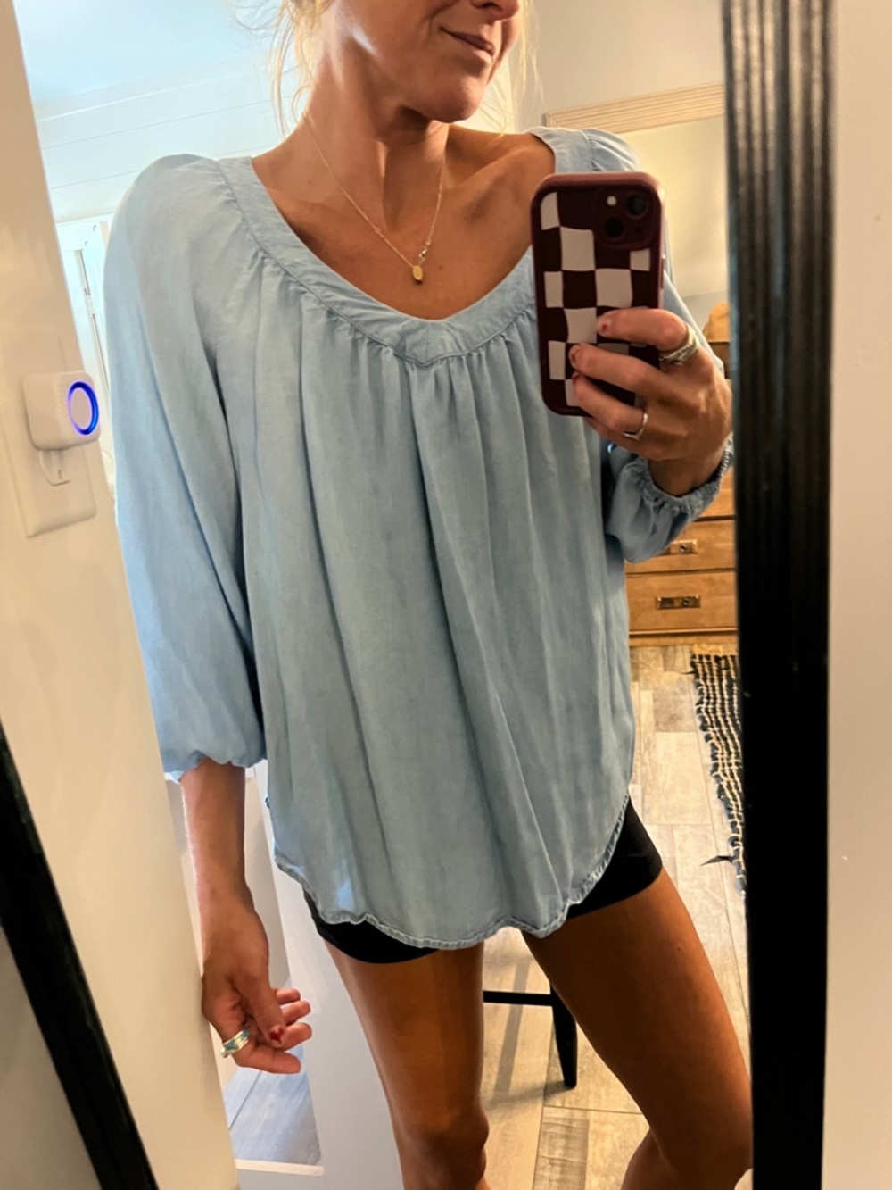 Light Blue Women's Denim Blue Peasant Blouse